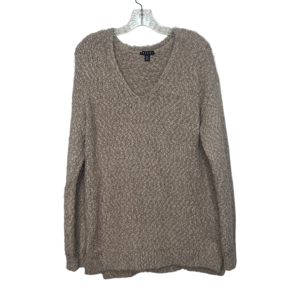 Tribal Sweater Vneck Popcorn Knit Fuzzy Womens Medium Tan Brown Boho Chic